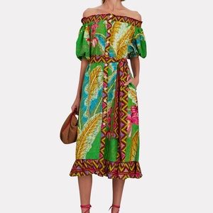 FARM Rio Banana Leaves Off the Shoulder Midi Dress